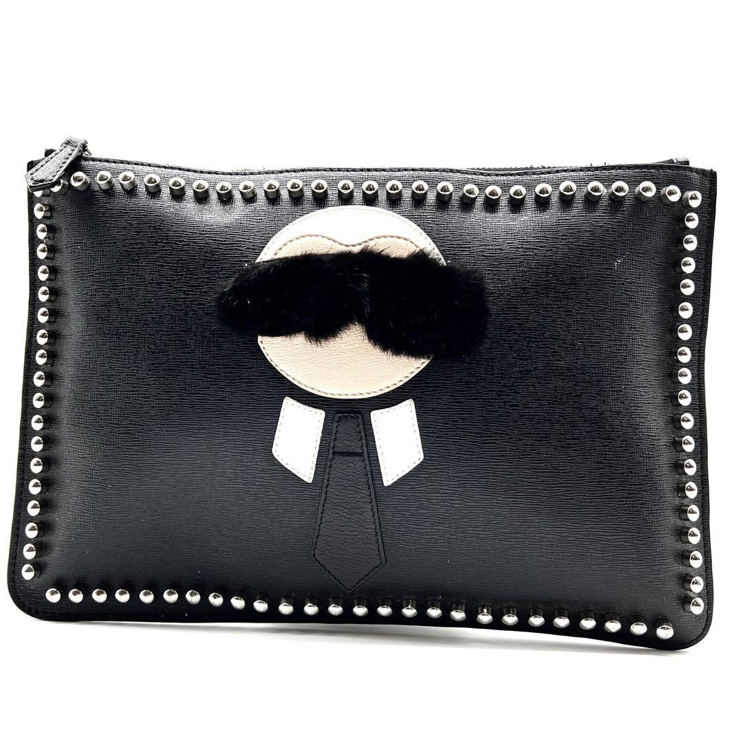 FENDI Clutch Bag Second Bag Studs Leather Black Silver Authentic