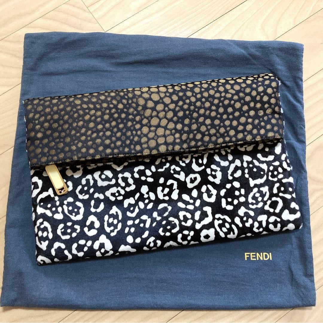 FENDI Clutch Bag Second Bag Canvas Fur Leopard Black Gold Authentic