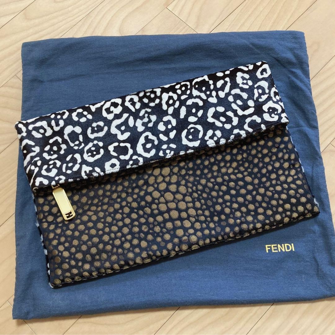 FENDI Clutch Bag Second Bag Canvas Fur Leopard Black Gold Authentic