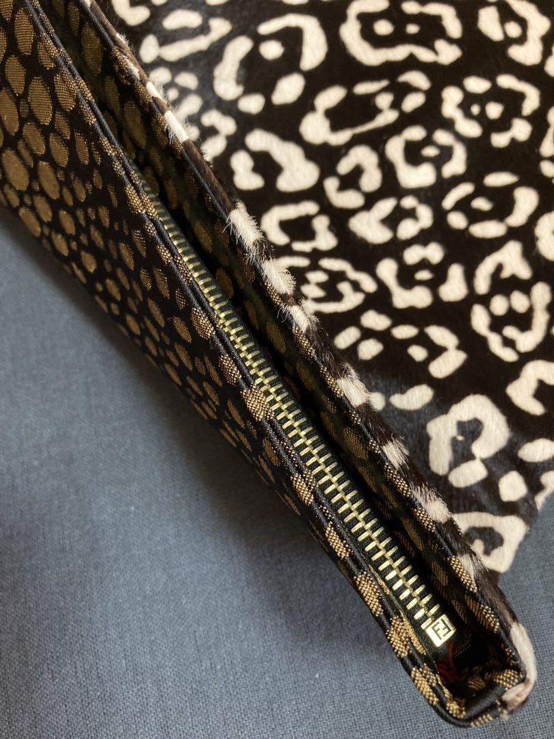 FENDI Clutch Bag Second Bag Canvas Fur Leopard Black Gold Authentic