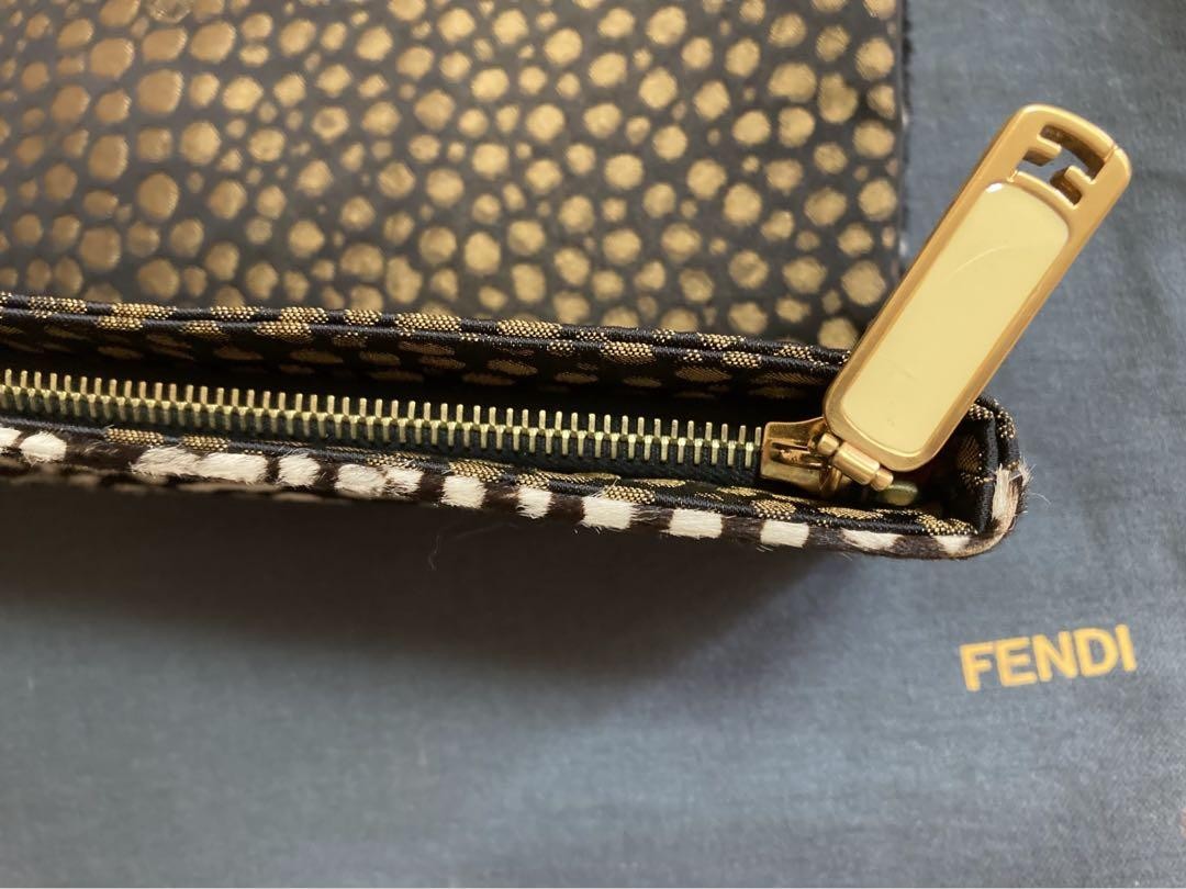 FENDI Clutch Bag Second Bag Canvas Fur Leopard Black Gold Authentic
