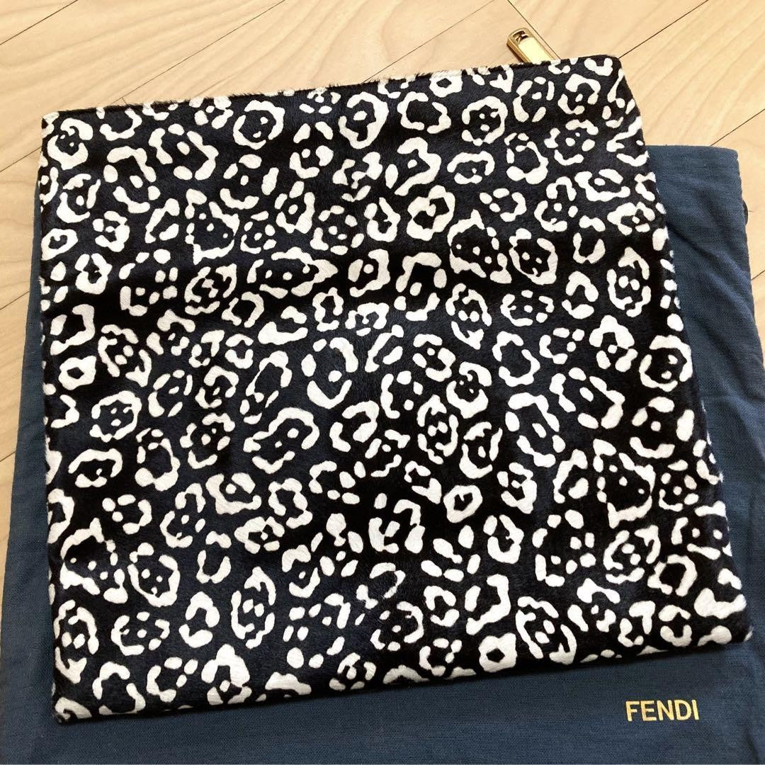 FENDI Clutch Bag Second Bag Canvas Fur Leopard Black Gold Authentic