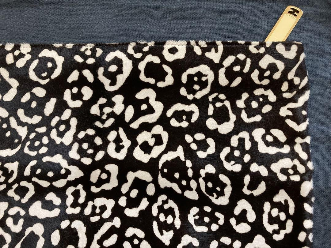 FENDI Clutch Bag Second Bag Canvas Fur Leopard Black Gold Authentic