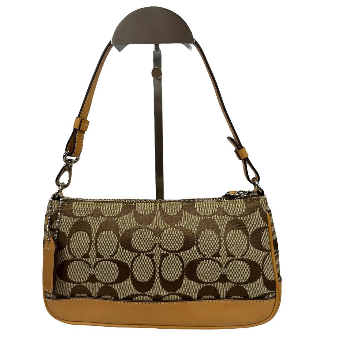 COACH Accessory Pouch Hand Bag Tote Purse Signature Canvas Leather Beige Auth