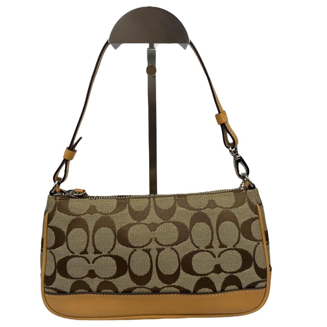 COACH Accessory Pouch Hand Bag Tote Purse Signature Canvas Leather Beige Auth