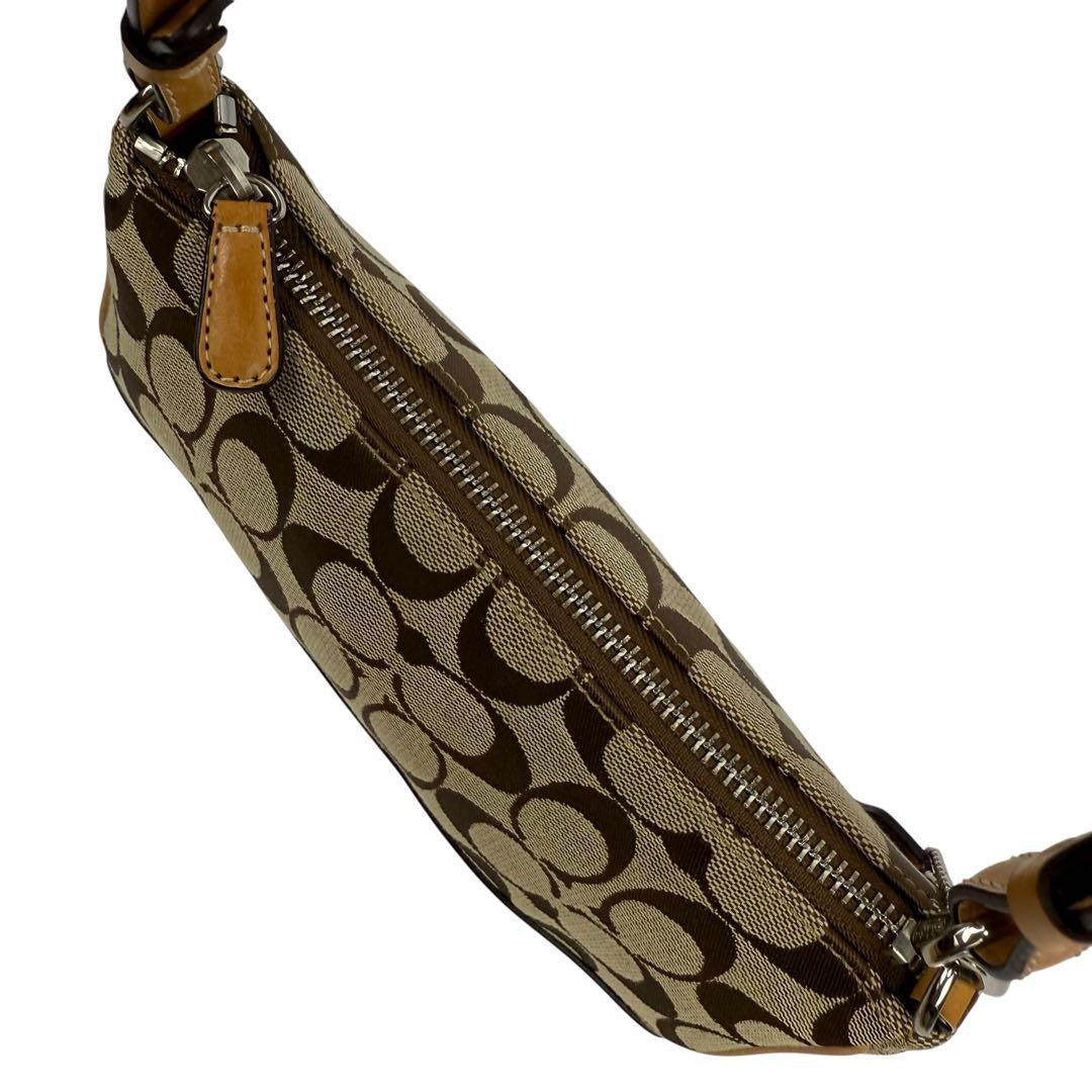 COACH Accessory Pouch Hand Bag Tote Purse Signature Canvas Leather Beige Auth