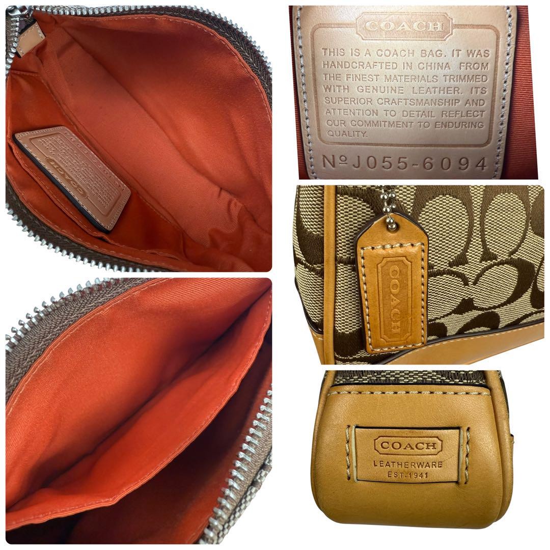 COACH Accessory Pouch Hand Bag Tote Purse Signature Canvas Leather Beige Auth