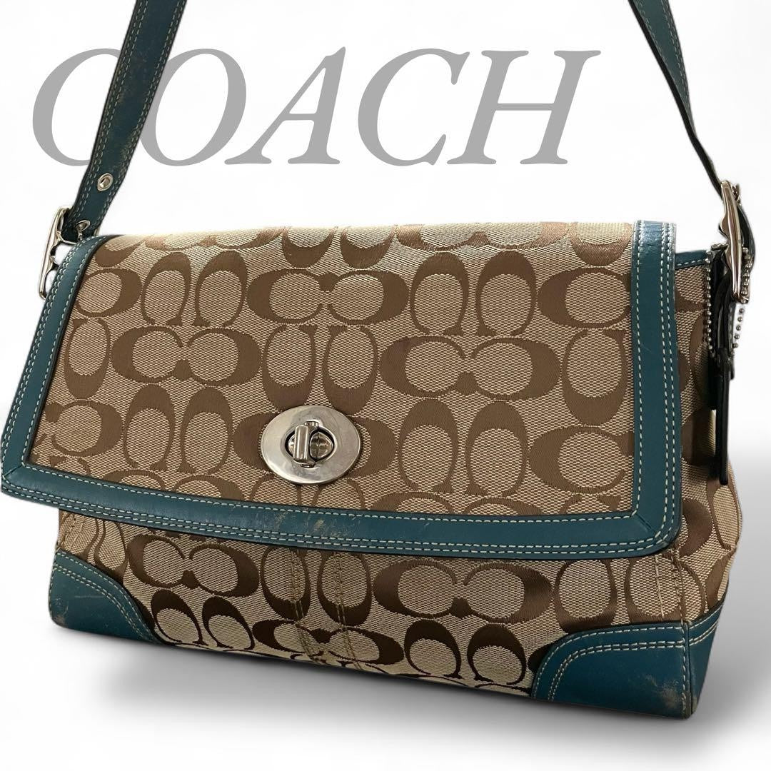 COACH Shoulder Bag Purse Signature Turn Lock Canvas Green Authentic