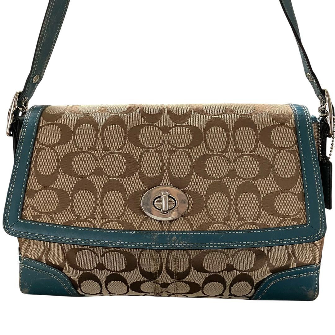 COACH Shoulder Bag Purse Signature Turn Lock Canvas Green Authentic