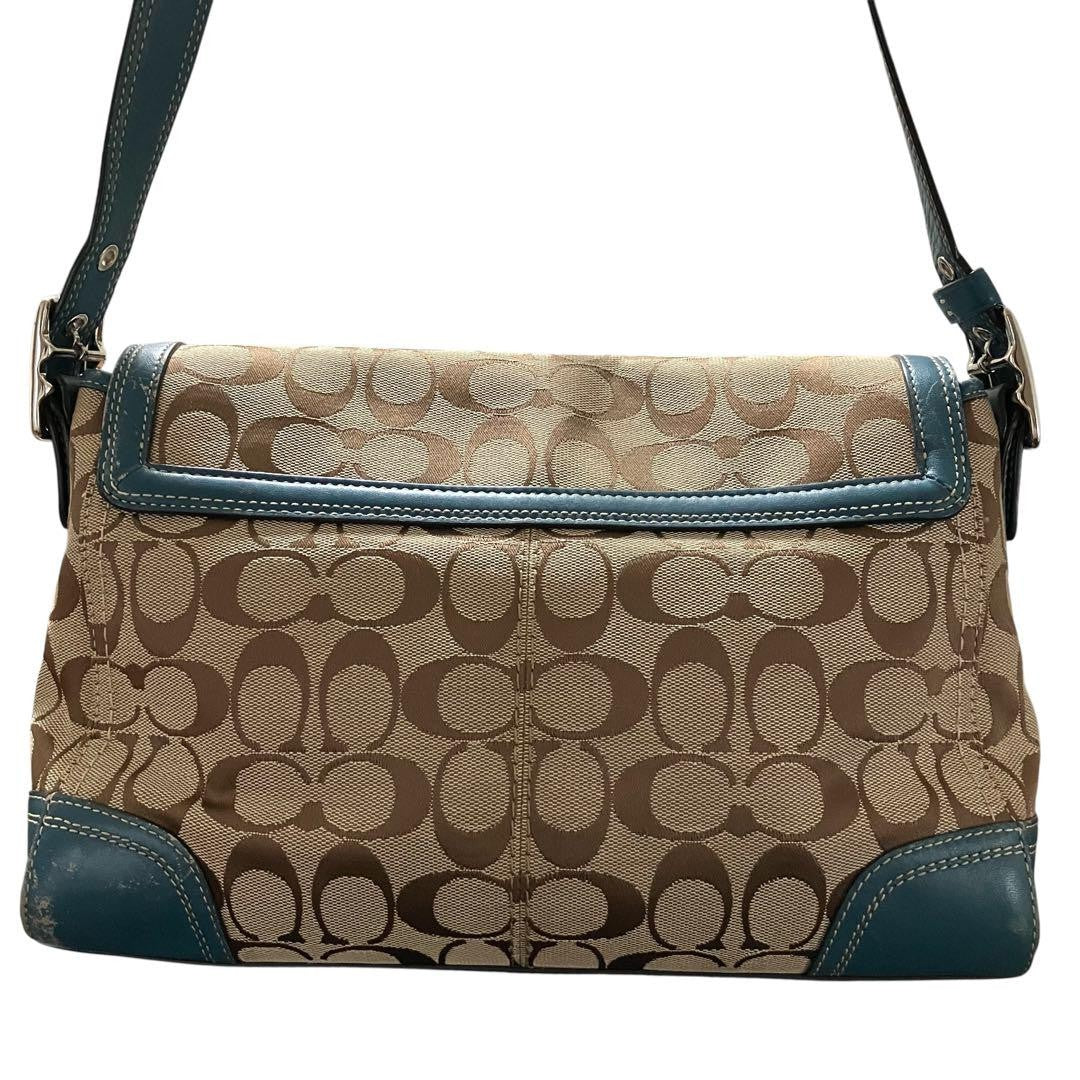COACH Shoulder Bag Purse Signature Turn Lock Canvas Green Authentic