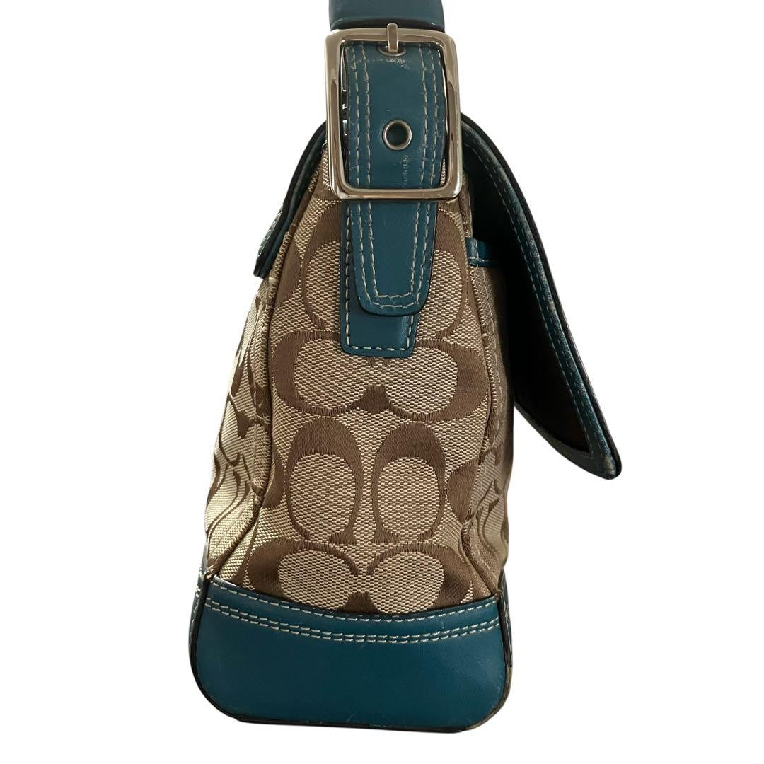 COACH Shoulder Bag Purse Signature Turn Lock Canvas Green Authentic