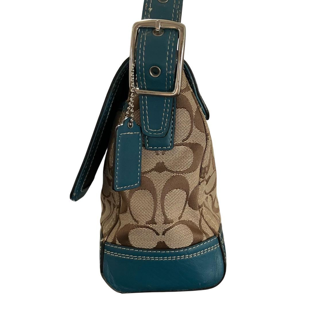 COACH Shoulder Bag Purse Signature Turn Lock Canvas Green Authentic