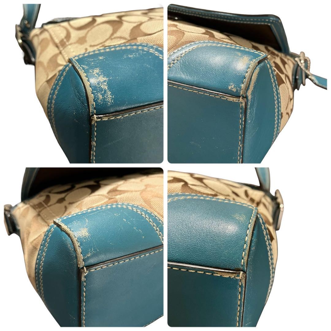 COACH Shoulder Bag Purse Signature Turn Lock Canvas Green Authentic