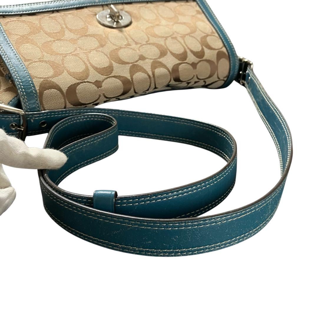 COACH Shoulder Bag Purse Signature Turn Lock Canvas Green Authentic