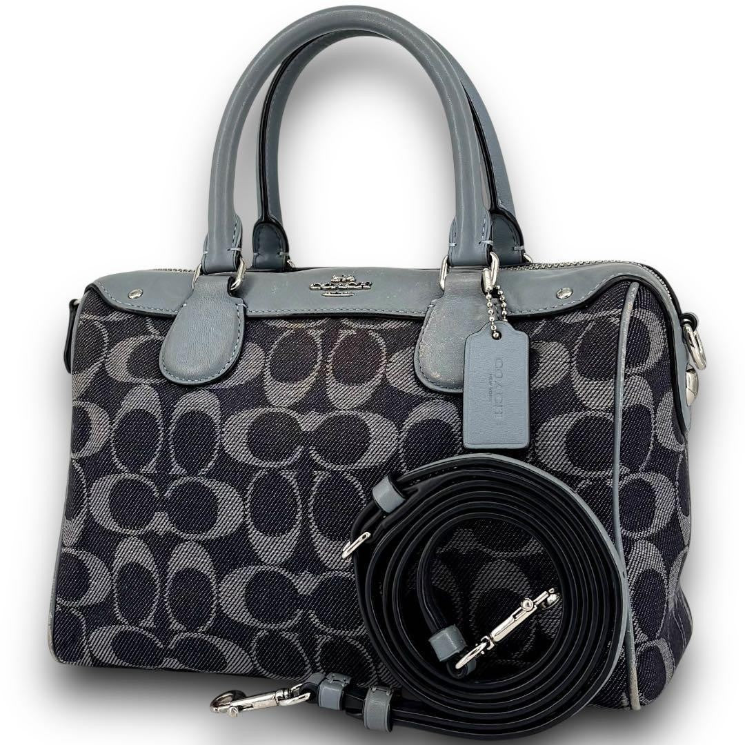 COACH Mini Boston Bag 2way Signature Canvas Denim Navy Blue Authentic