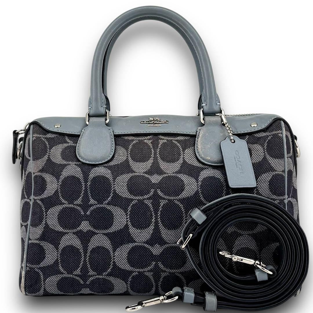 COACH Mini Boston Bag 2way Signature Canvas Denim Navy Blue Authentic