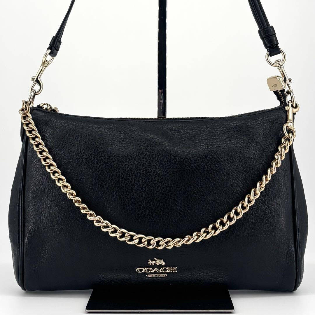 COACH Hand Bag Tote Purse 2way Chain Leather Black Authentic