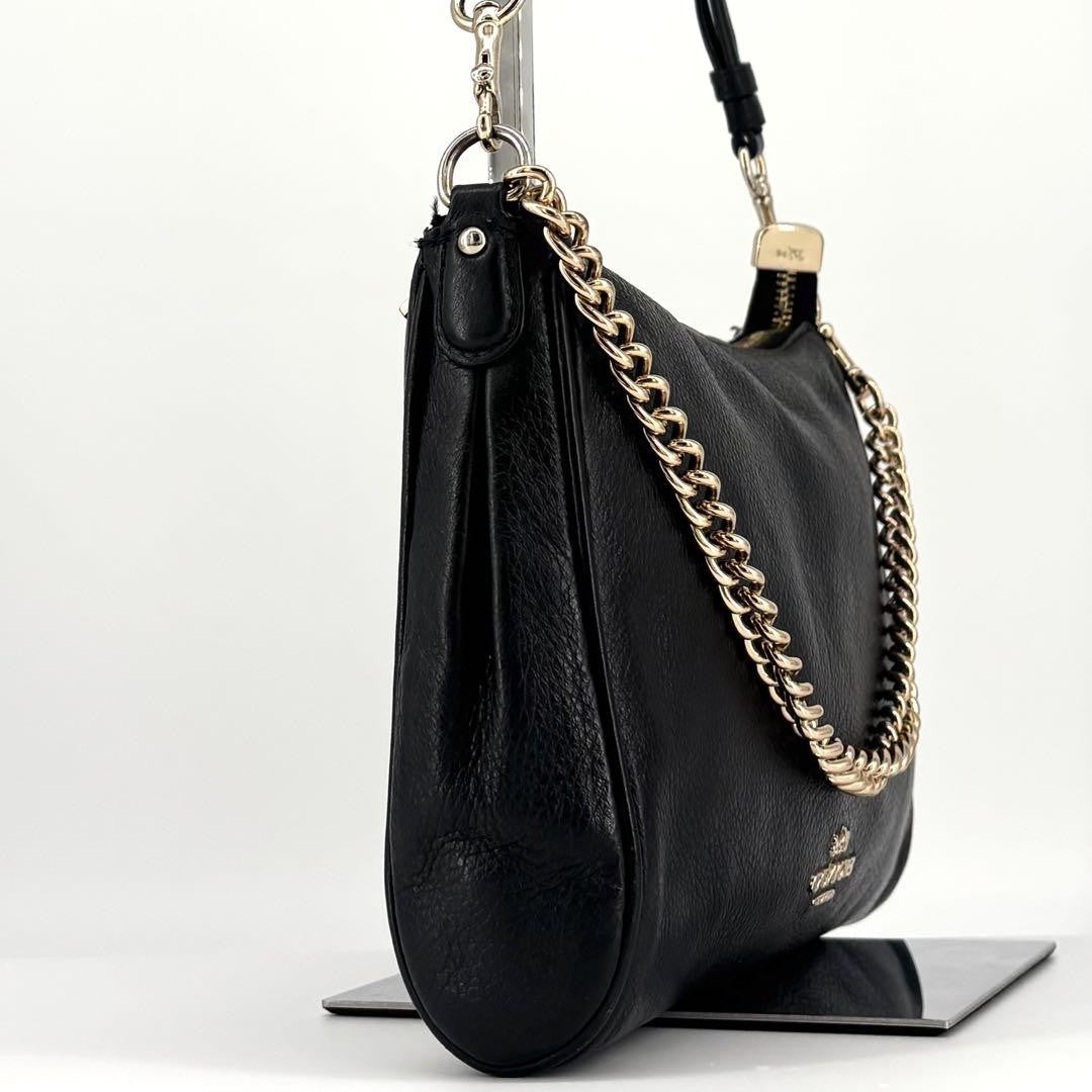 COACH Hand Bag Tote Purse 2way Chain Leather Black Authentic