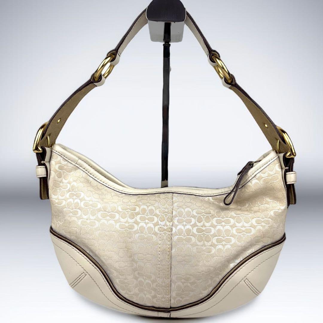 COACH Accessory Pouch Hand Bag Tote Purse Signature Canvas Leather White Gold