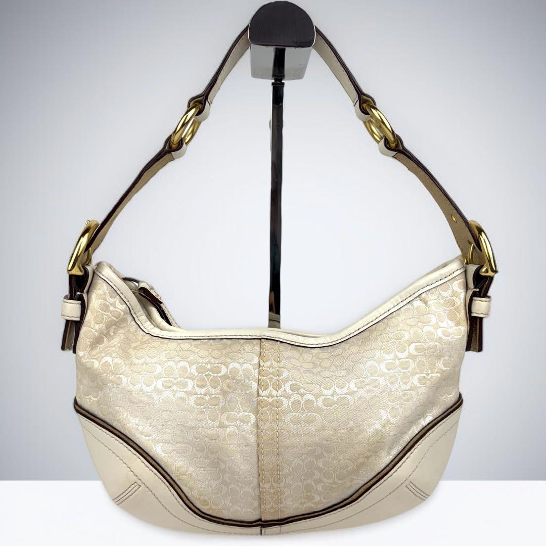 COACH Accessory Pouch Hand Bag Tote Purse Signature Canvas Leather White Gold