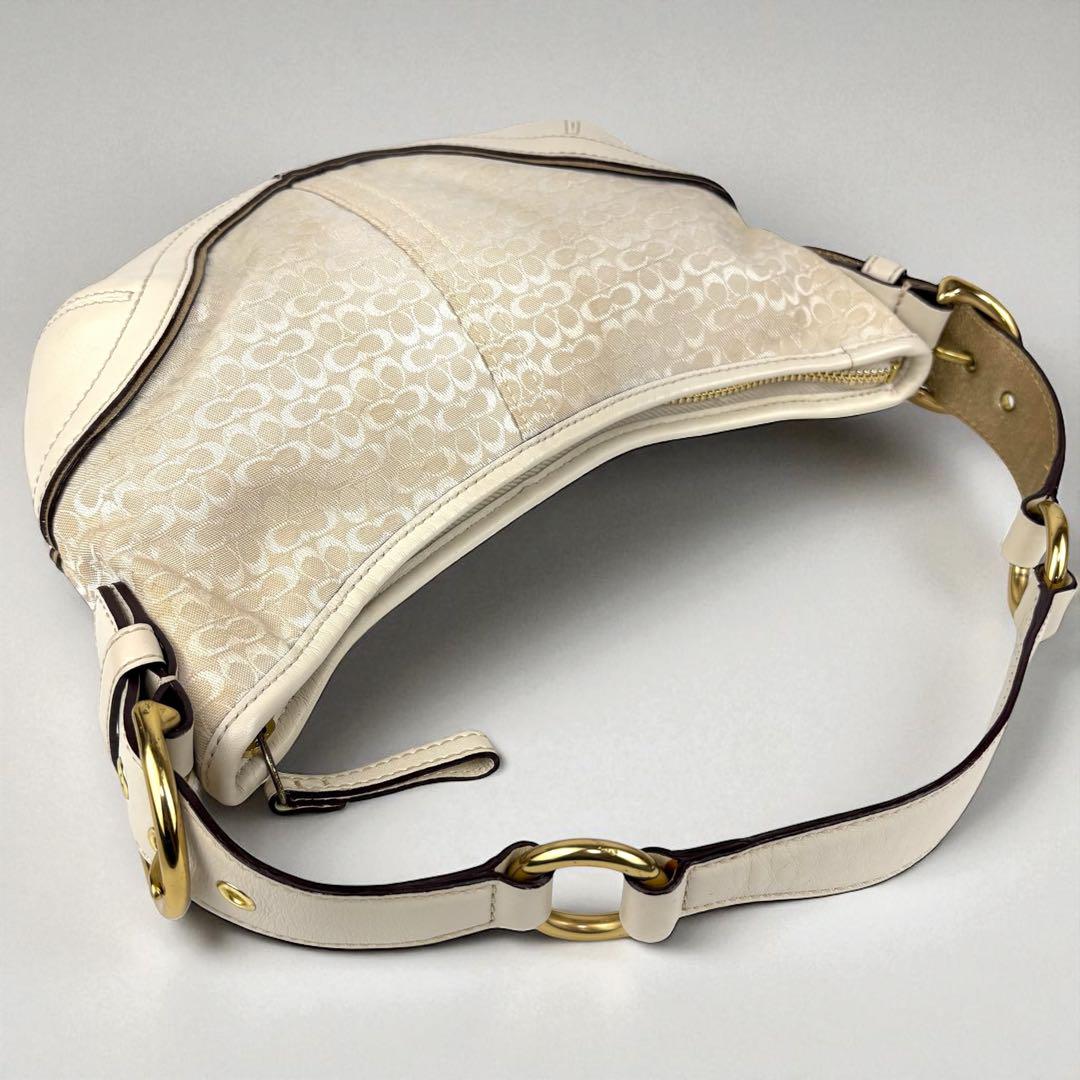 COACH Accessory Pouch Hand Bag Tote Purse Signature Canvas Leather White Gold