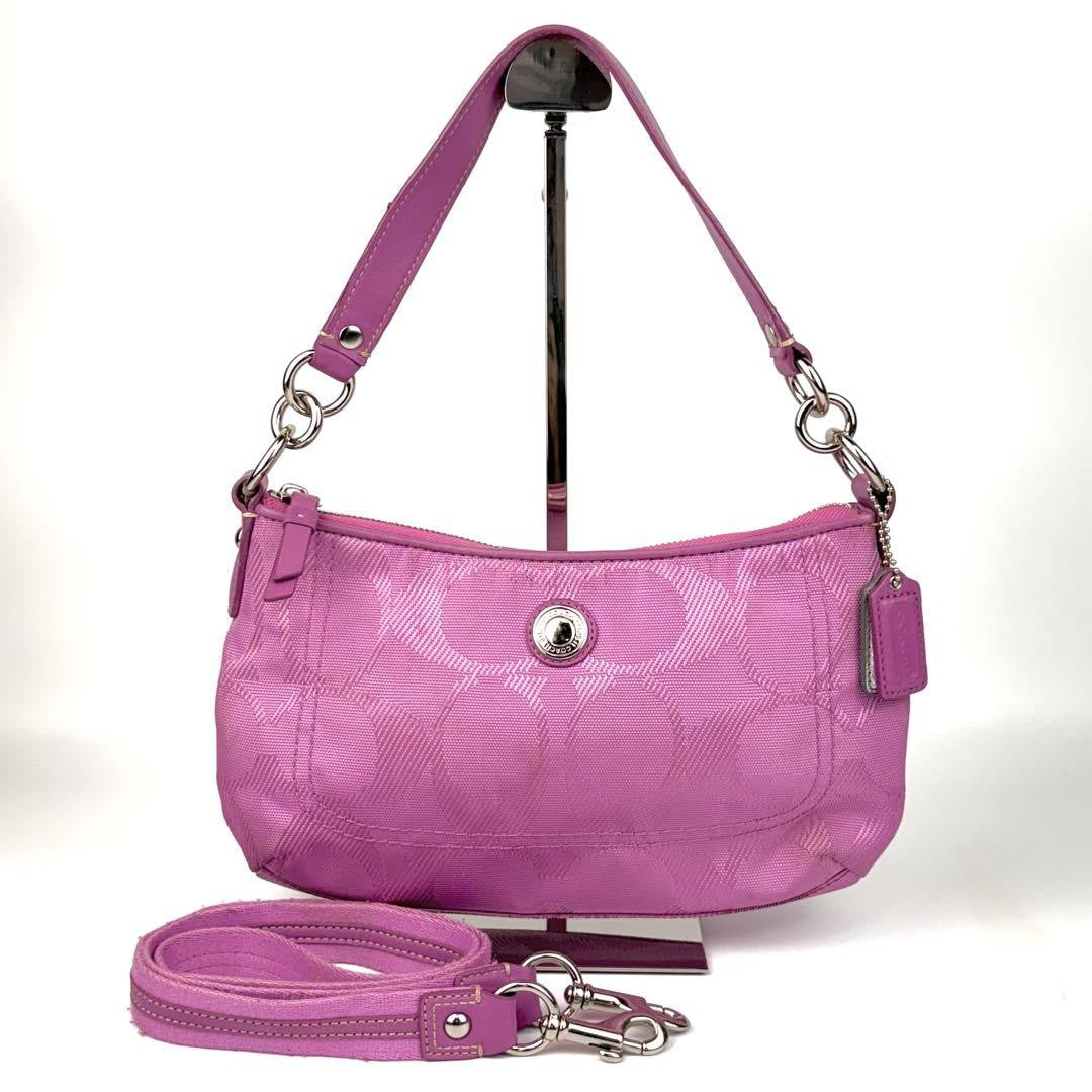 COACH Hand Bag Tote Purse 2way Signature 15233 Canvas Leather Pink Authentic