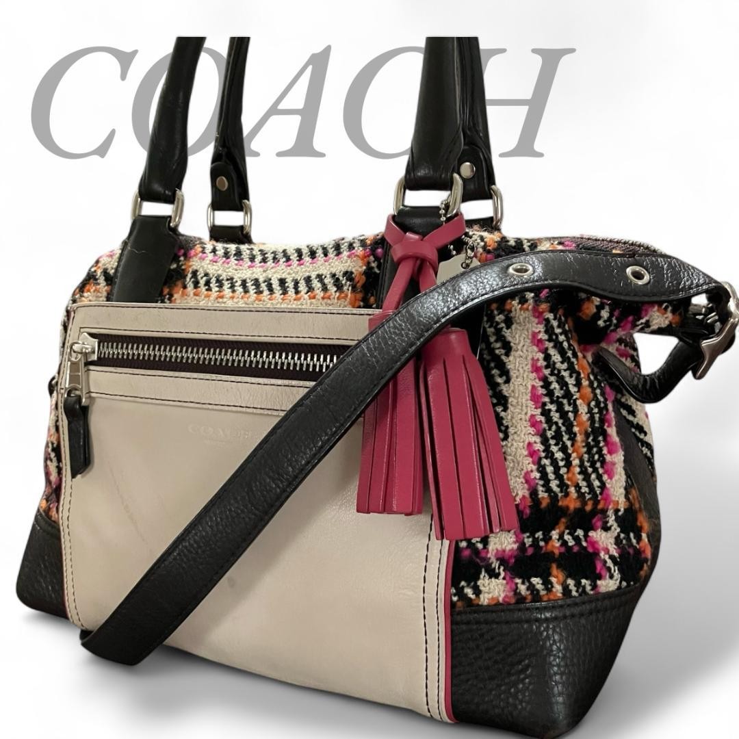 COACH Hand Shoulder Bag Tote Purse 2way 21543 Tweed Leather Multicolor Authentic