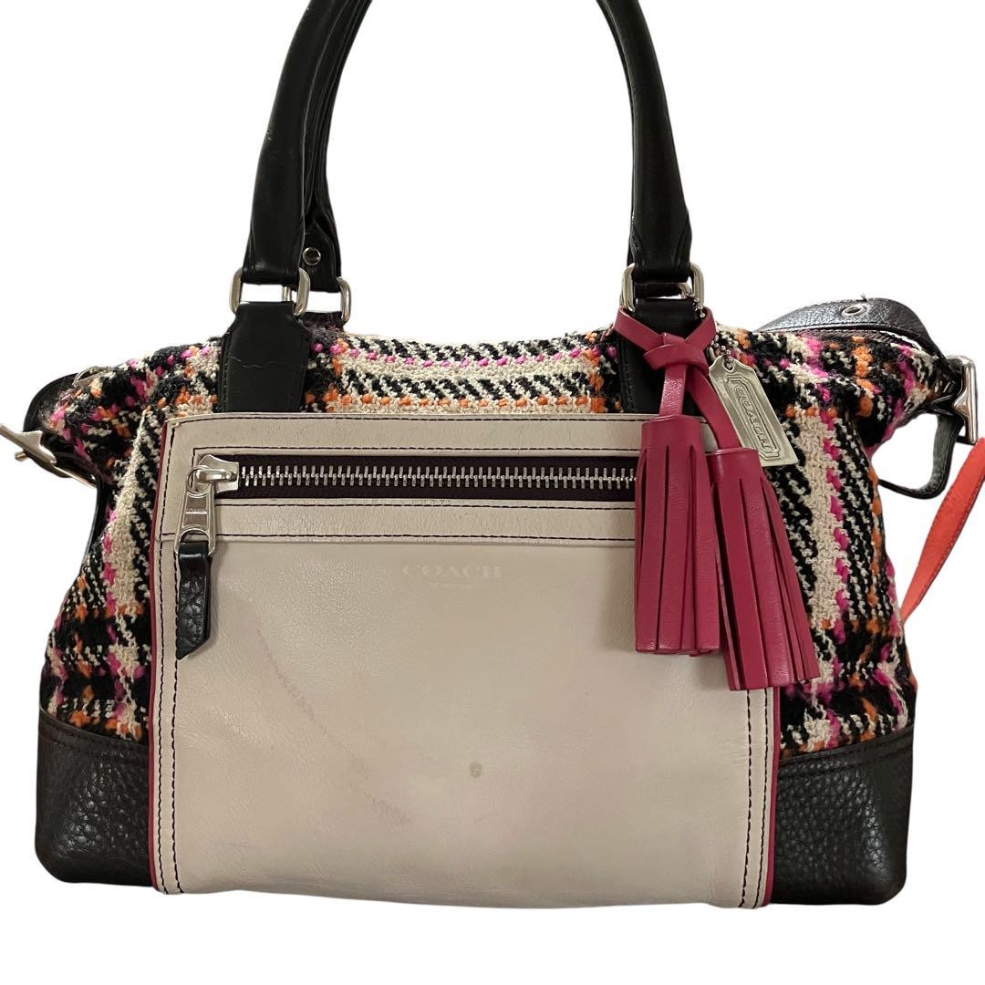 COACH Hand Shoulder Bag Tote Purse 2way 21543 Tweed Leather Multicolor Authentic