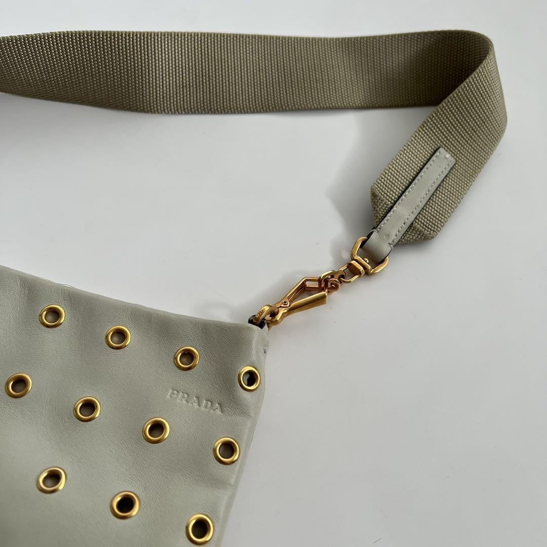 PRADA Shoulder Bag Purse Leather Beige Gold Authentic
