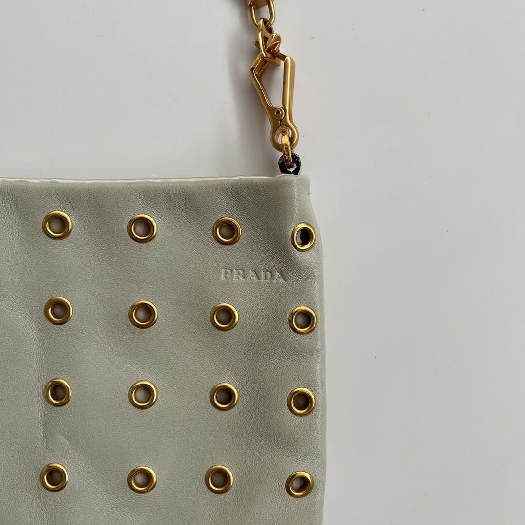 PRADA Shoulder Bag Purse Leather Beige Gold Authentic