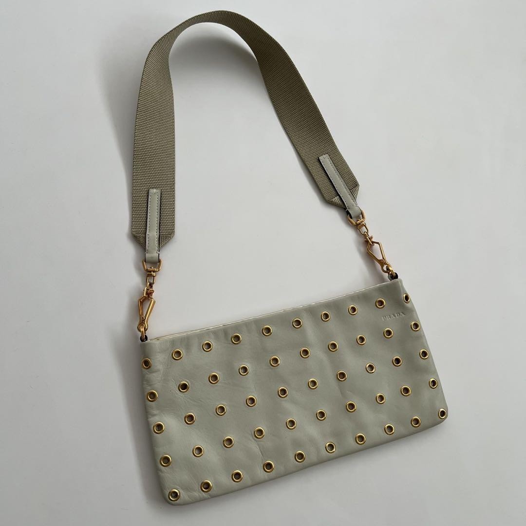 PRADA Shoulder Bag Purse Leather Beige Gold Authentic