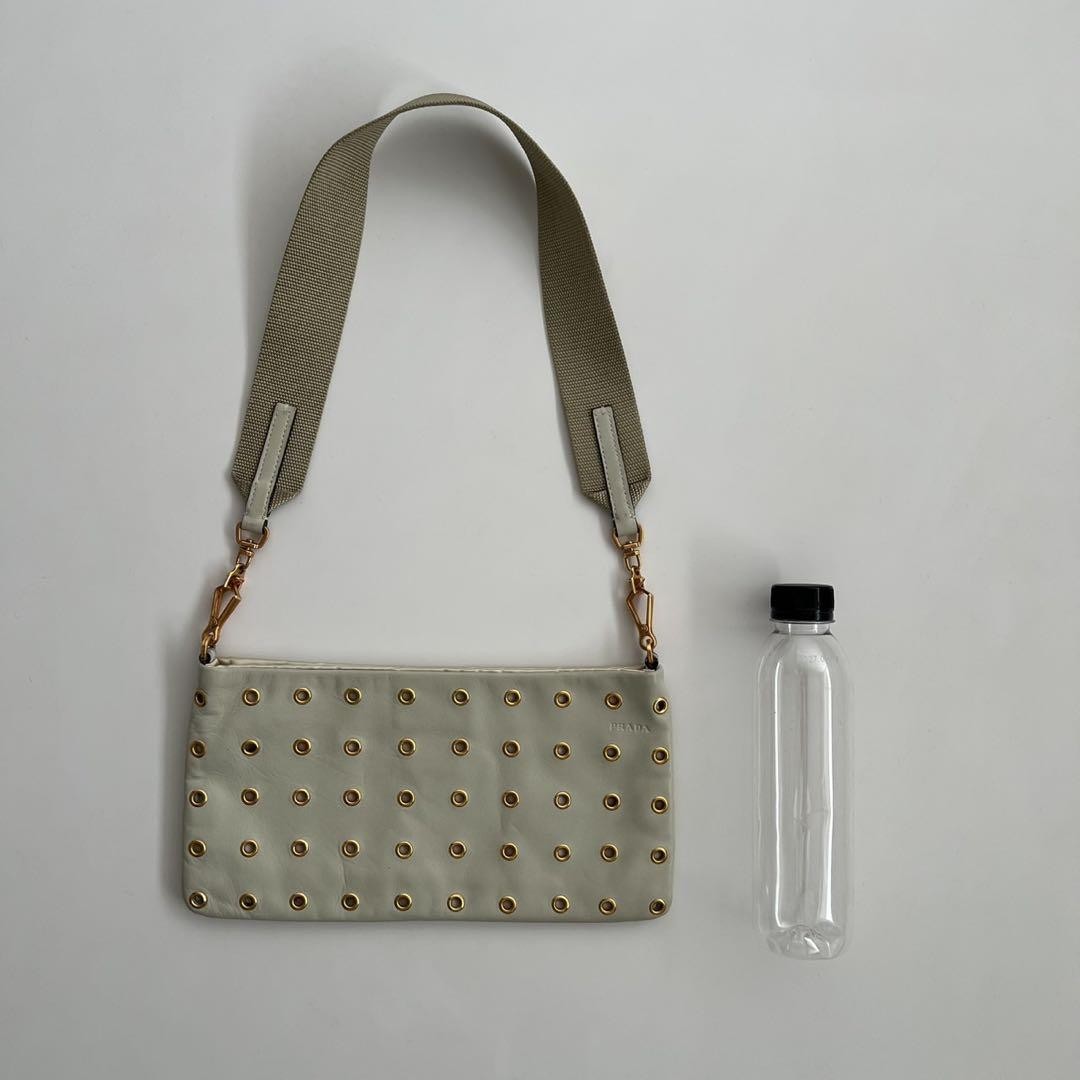 PRADA Shoulder Bag Purse Leather Beige Gold Authentic
