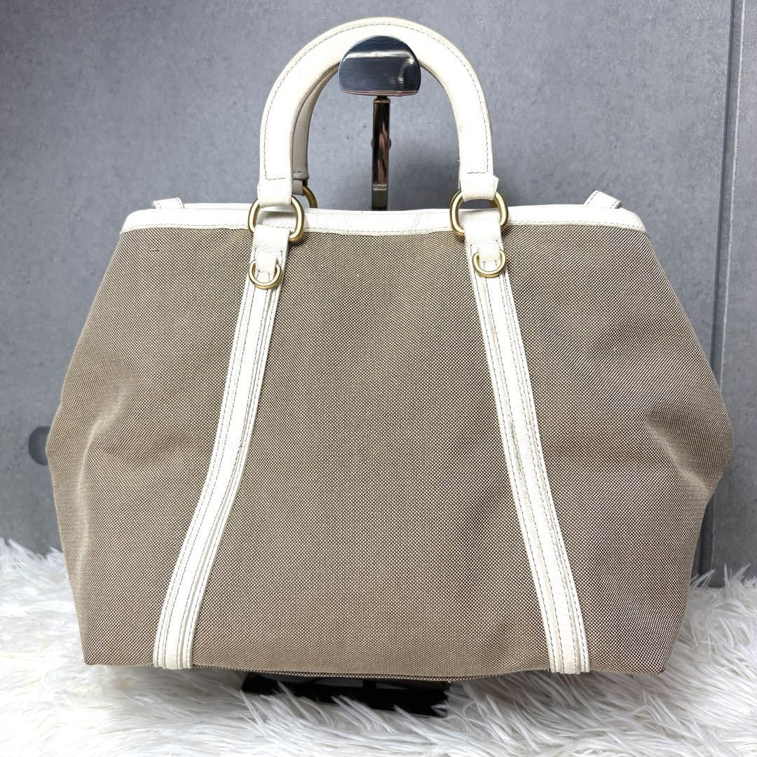 PRADA Hand Shoulder Bag Tote Purse 2way Logo Canvas Leather Beige White Auth