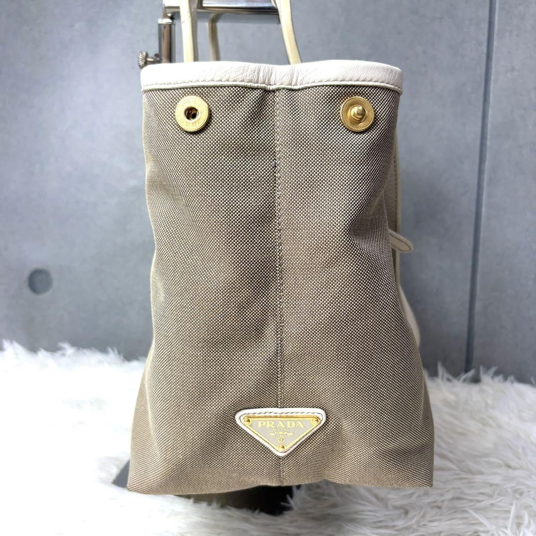 PRADA Hand Shoulder Bag Tote Purse 2way Logo Canvas Leather Beige White Auth