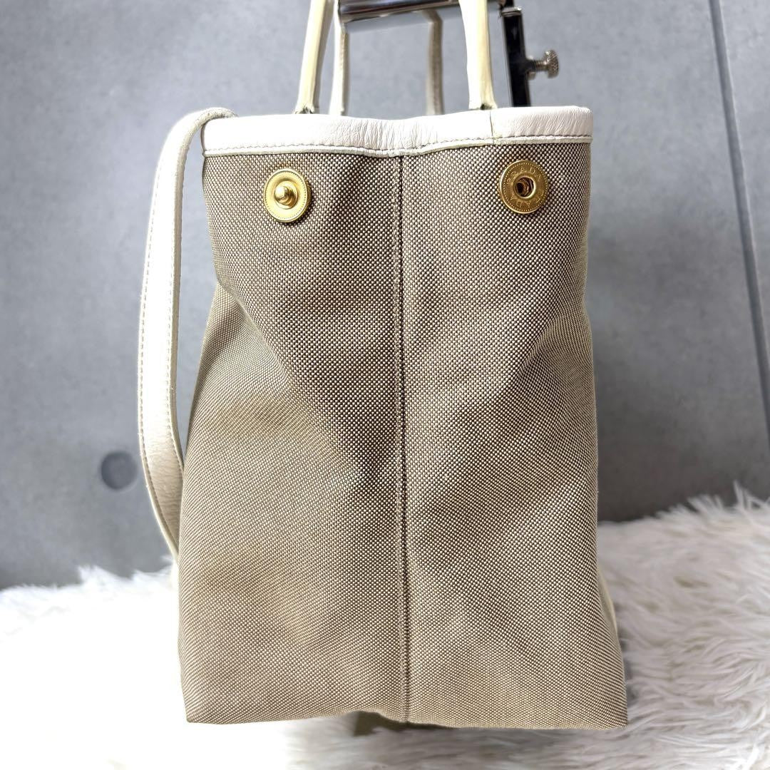 PRADA Hand Shoulder Bag Tote Purse 2way Logo Canvas Leather Beige White Auth