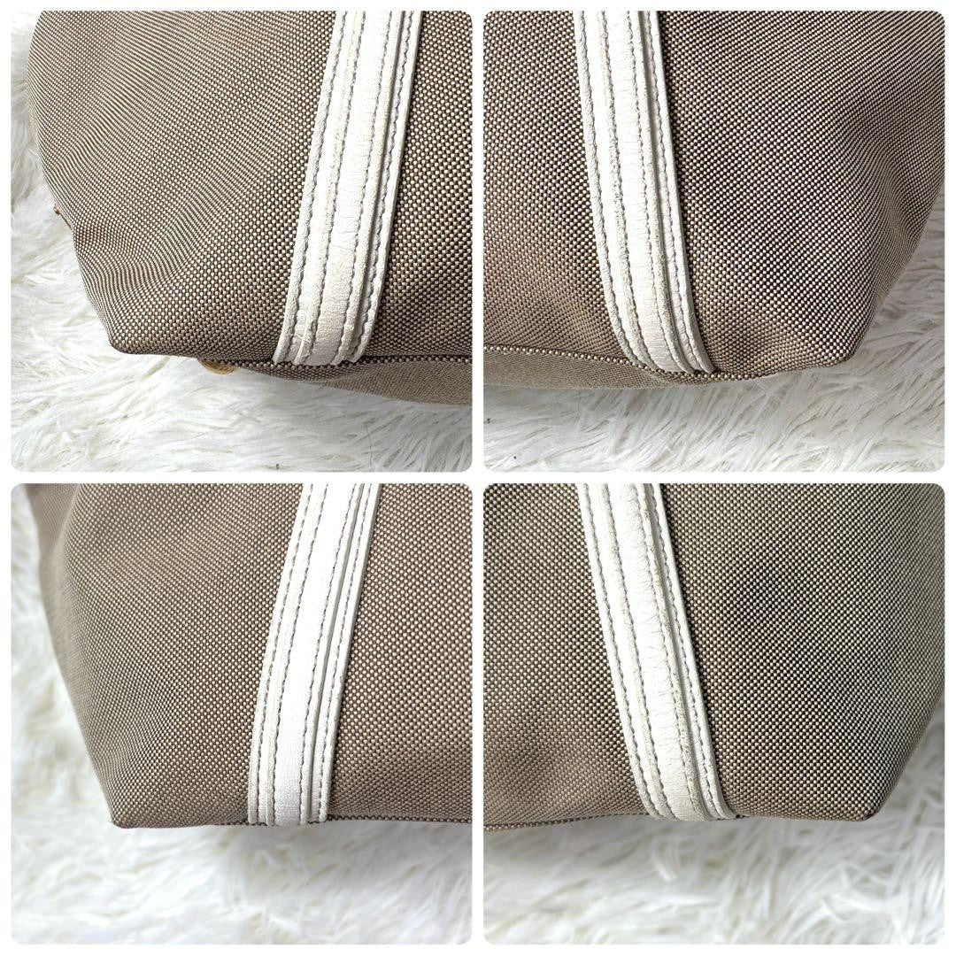 PRADA Hand Shoulder Bag Tote Purse 2way Logo Canvas Leather Beige White Auth
