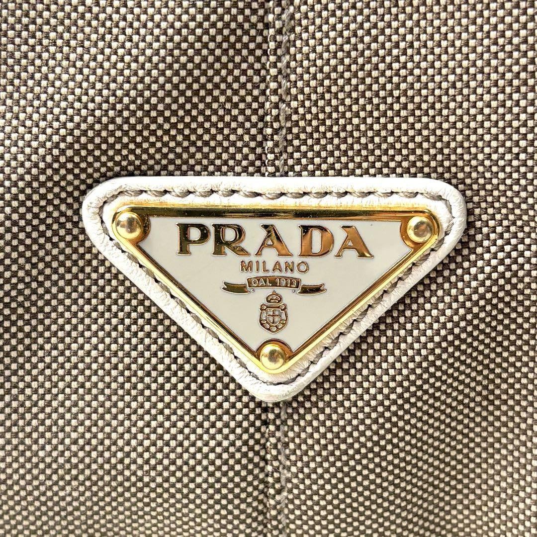 PRADA Hand Shoulder Bag Tote Purse 2way Logo Canvas Leather Beige White Auth