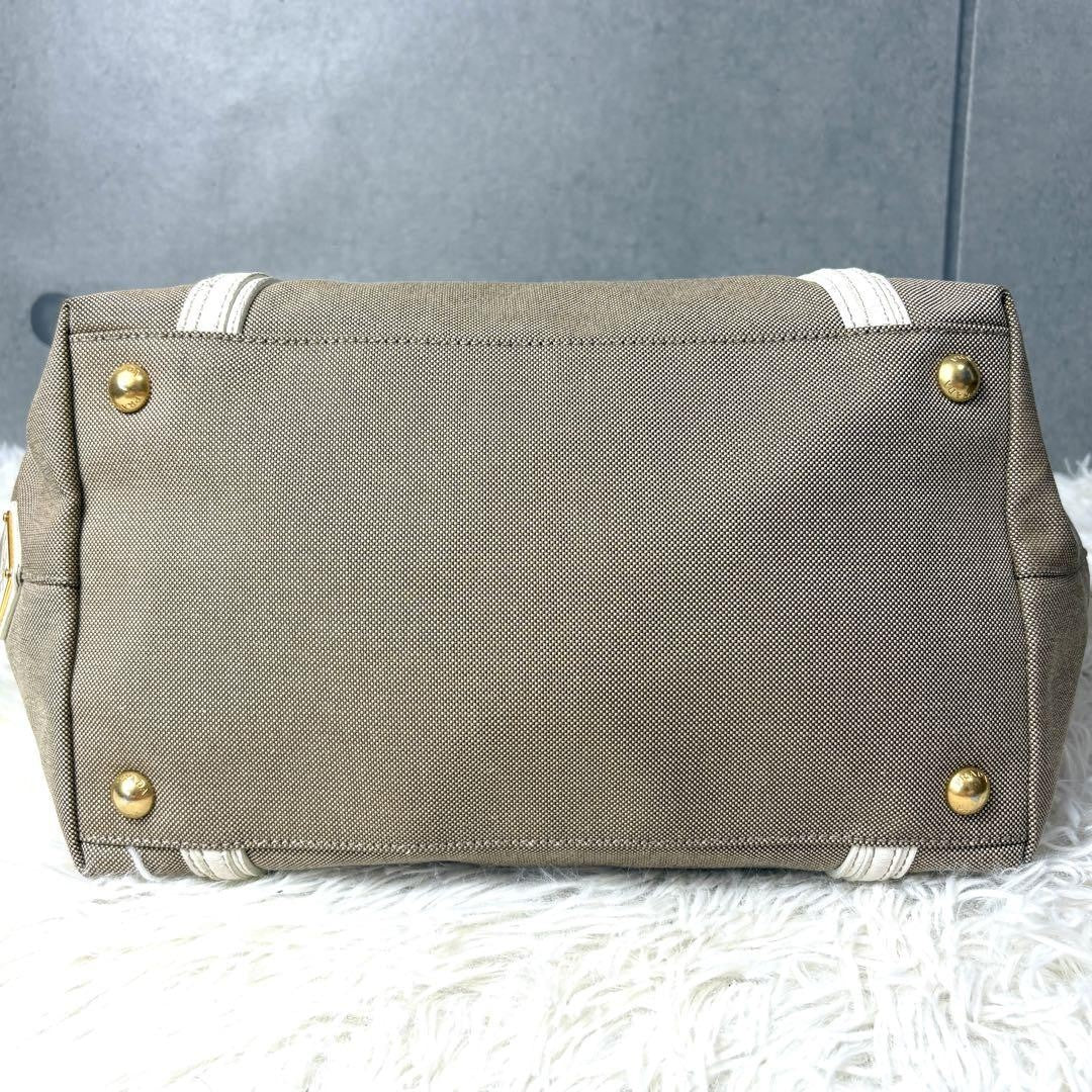 PRADA Hand Shoulder Bag Tote Purse 2way Logo Canvas Leather Beige White Auth