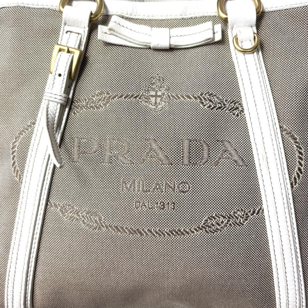 PRADA Hand Shoulder Bag Tote Purse 2way Logo Canvas Leather Beige White Auth