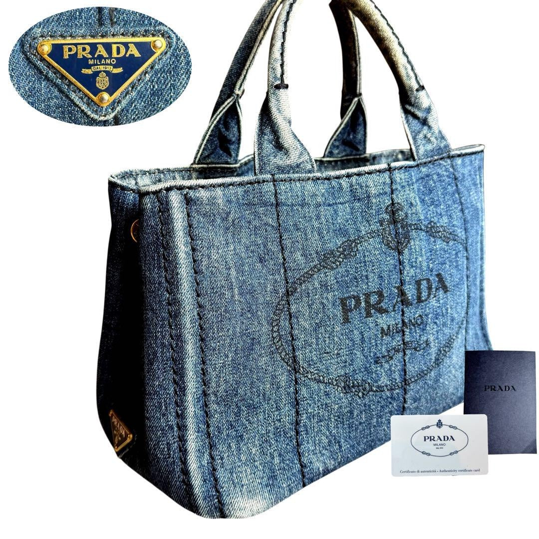 PRADA Hand Bag Tote Purse 2way Logo Canapa Denim Blue Authentic
