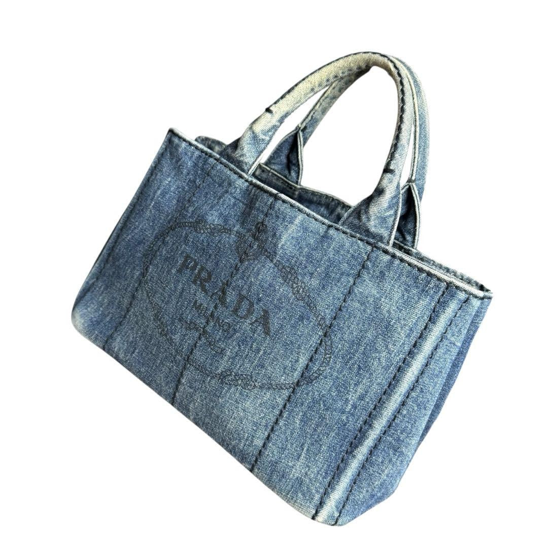 PRADA Hand Bag Tote Purse 2way Logo Canapa Denim Blue Authentic