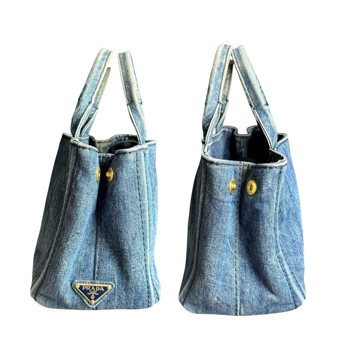 PRADA Hand Bag Tote Purse 2way Logo Canapa Denim Blue Authentic