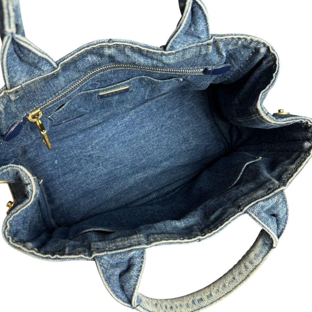 PRADA Hand Bag Tote Purse 2way Logo Canapa Denim Blue Authentic