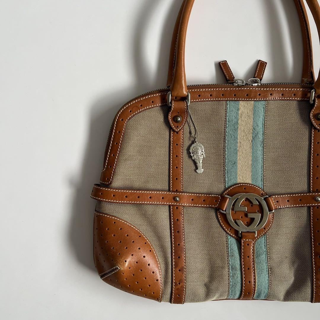 GUCCI Hand Bag Tote Purse Sherry Line Interlocking Beige Brown Authentic
