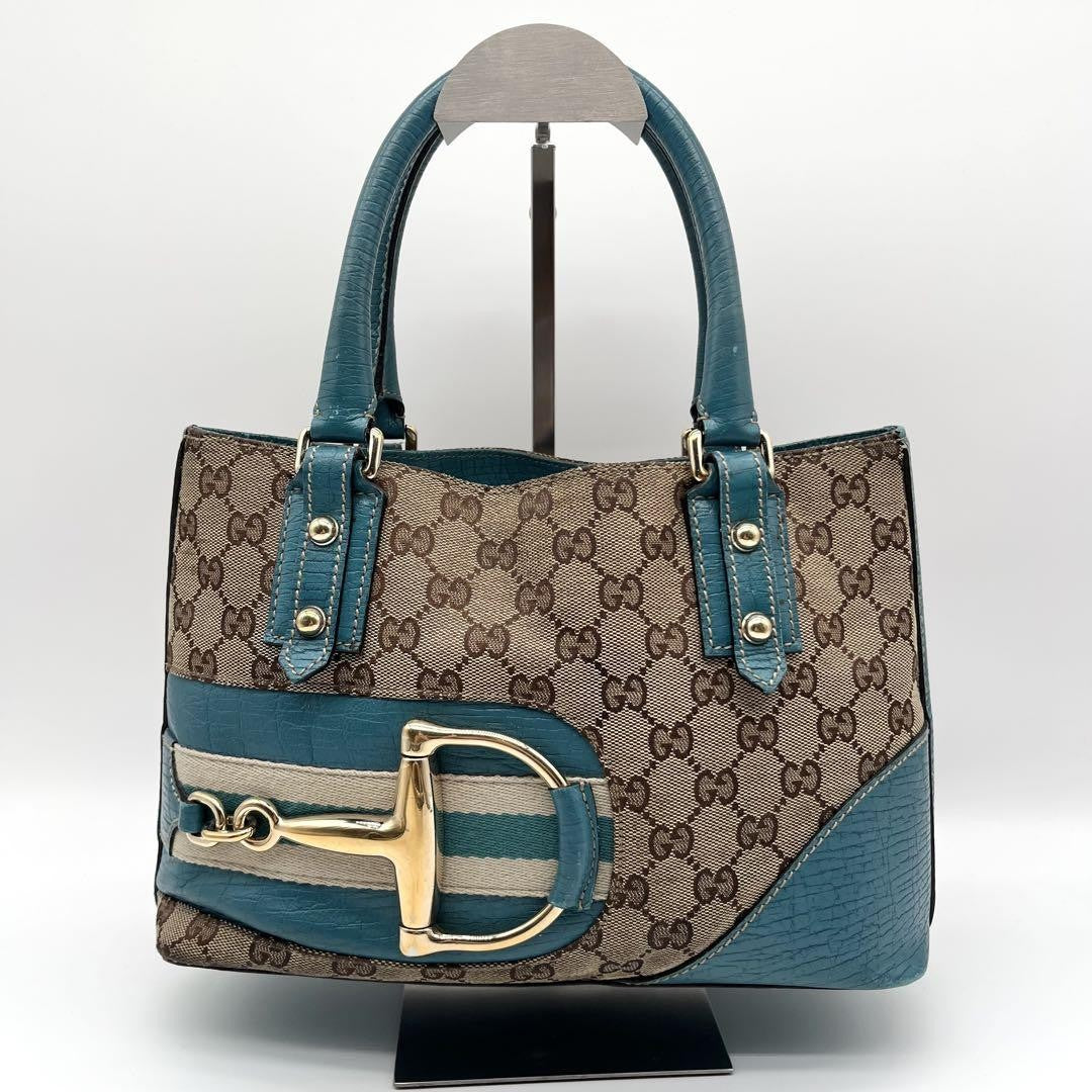 GUCCI Hand Bag Tote Purse GG Canvas Leather Blue Turquoise Authentic