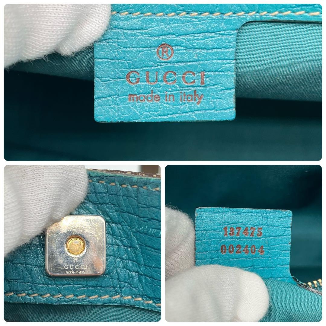 GUCCI Hand Bag Tote Purse GG Canvas Leather Blue Turquoise Authentic