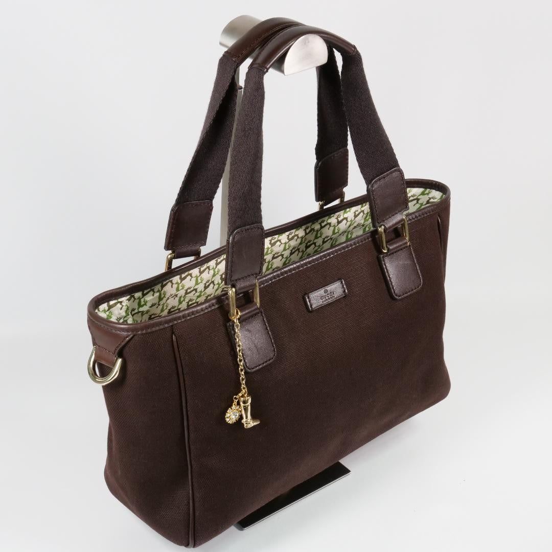GUCCI Hand Bag Tote Purse Canvas Leather Brown Authentic