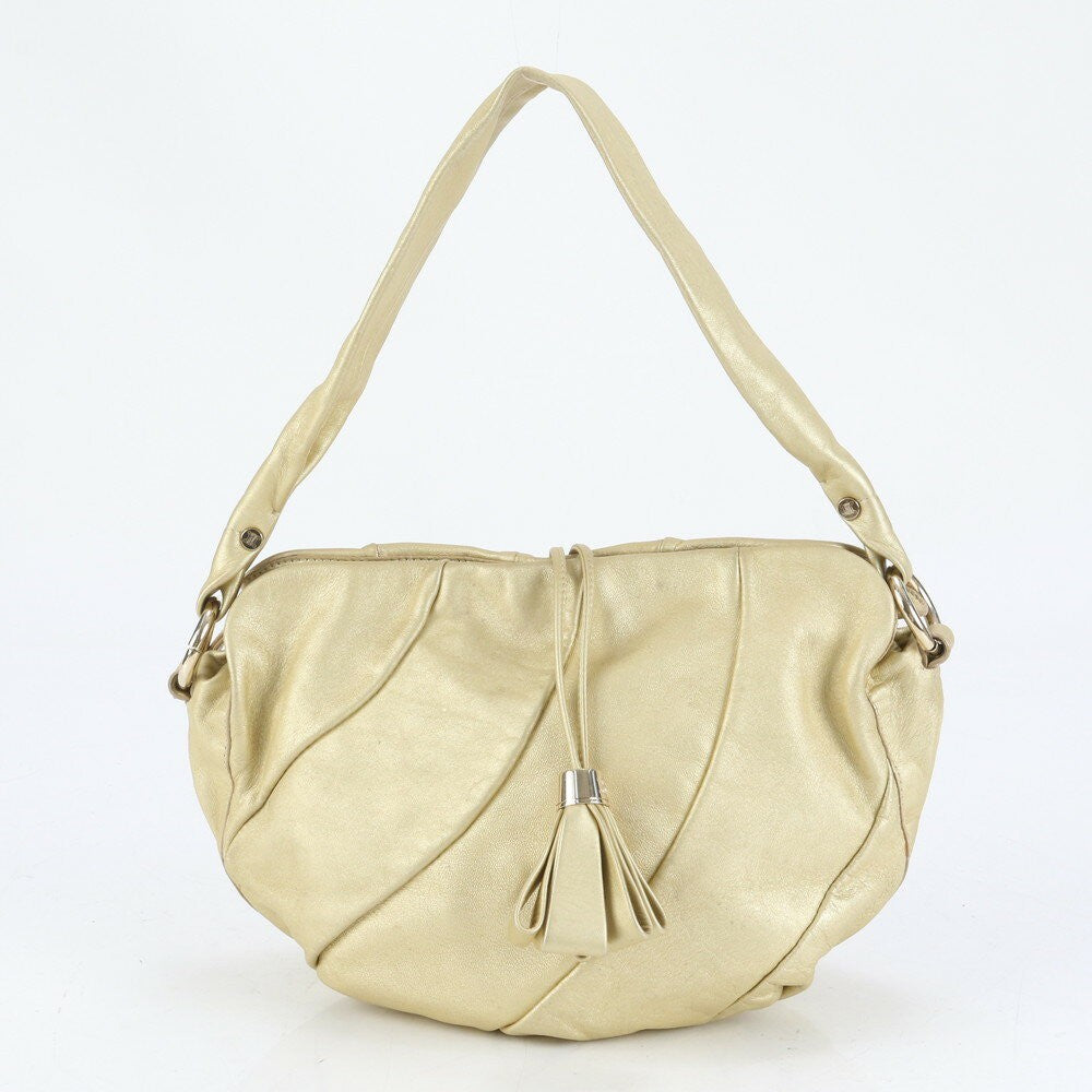 CELINE Hand Shoulder Bag Tote Purse Leather Gold Authentic