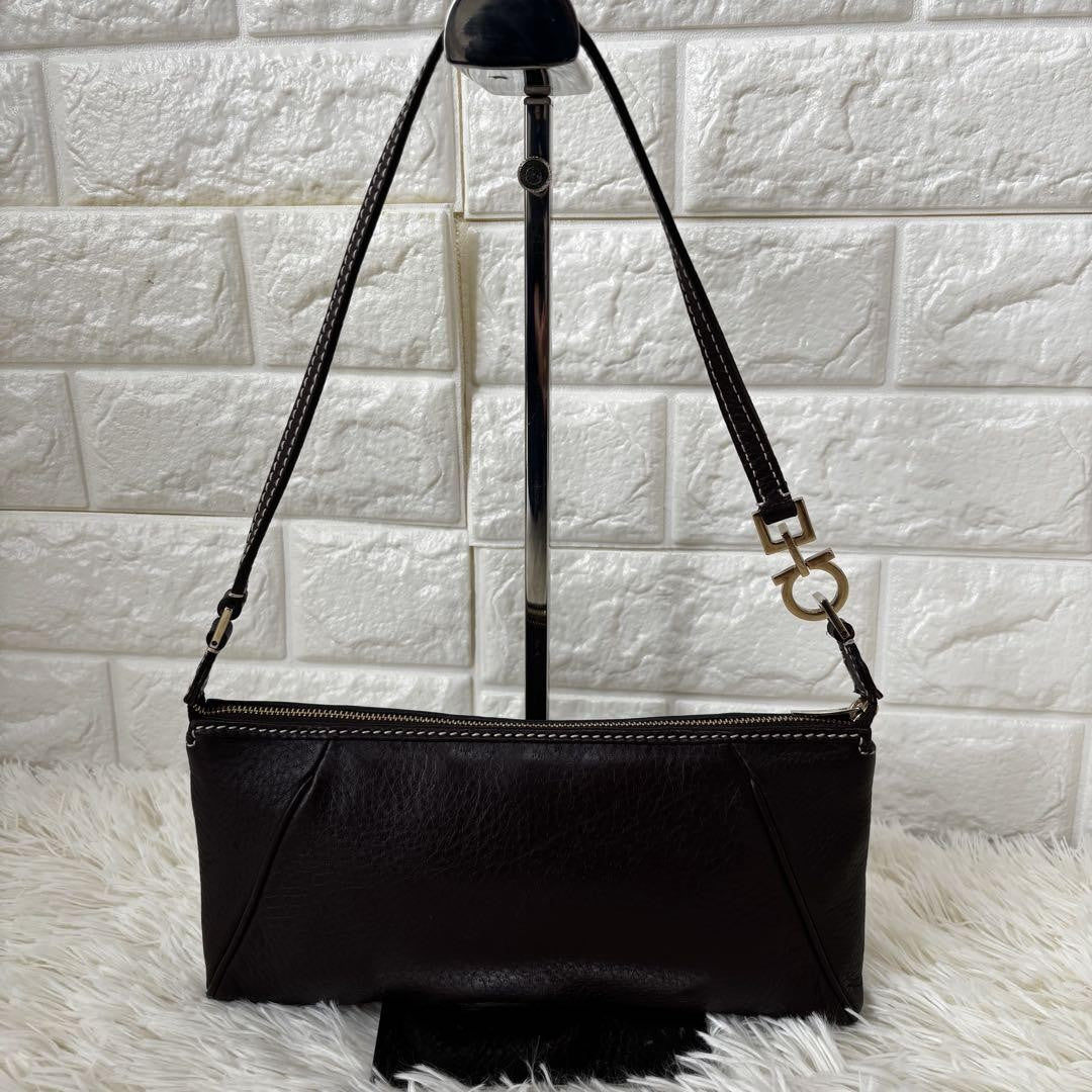 Salvatore Ferragamo Accessory Pouch Hand Tote Purse Gancini Leather Dark Brown