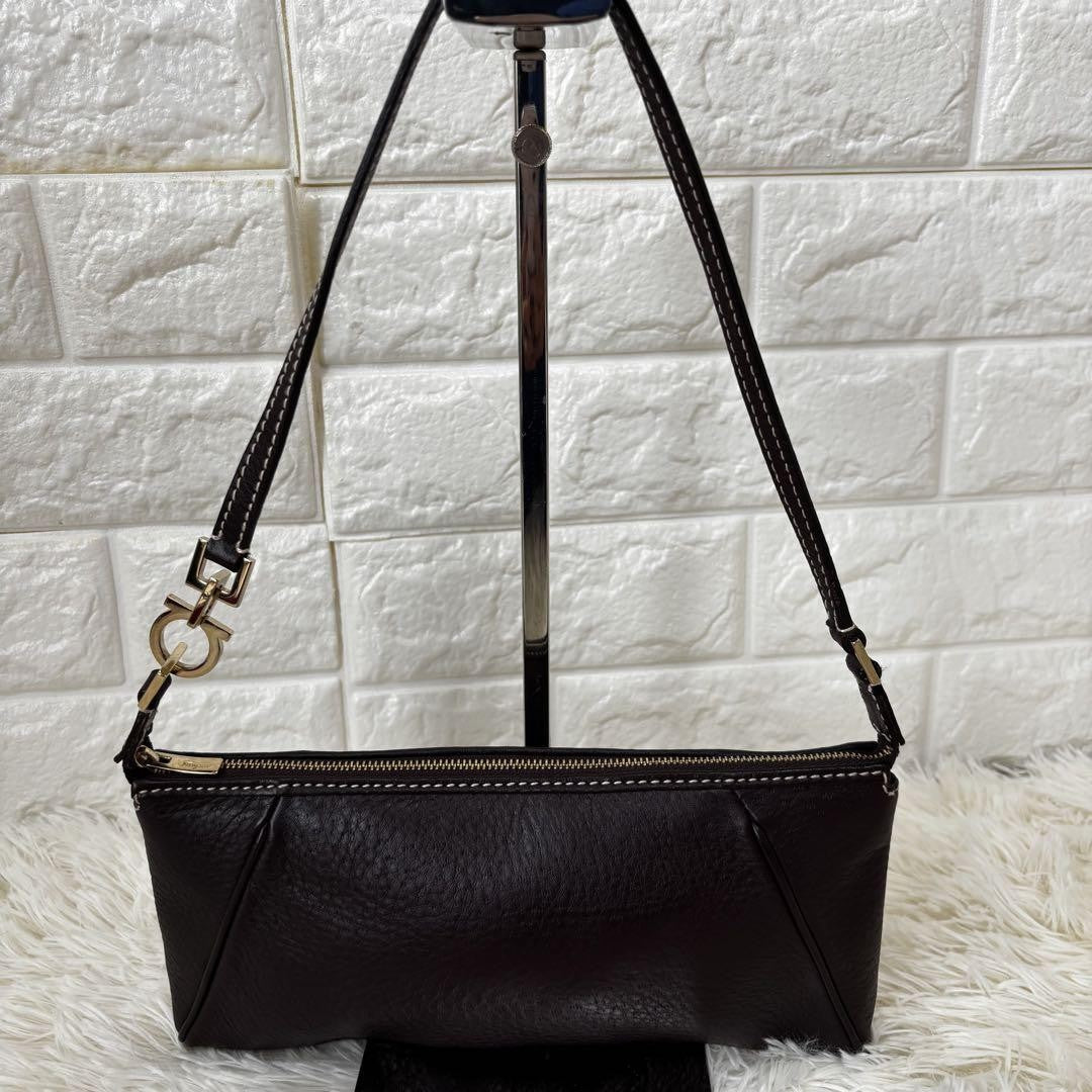 Salvatore Ferragamo Accessory Pouch Hand Tote Purse Gancini Leather Dark Brown